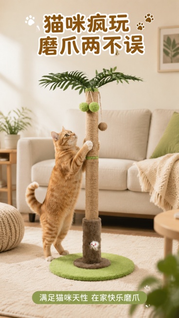 [第5屏] 猫咪互动展示-真实猫咪使用椰树剑麻猫爬架场景。本屏使用【图1】作为猫爬架主体，搭配可爱橘猫互动。
[氛围/风格] 温馨治愈萌宠风，生活化家居场景，真实自然质感。
[元素布局] 猫爬架放置在预览效果