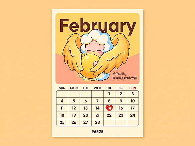 2月日历内页设计，月份主题：冬日·拥抱自己，暖暖翅膀包裹成球，像小太阳，疗愈话语文字："冷的时候，暖暖是你的小太阳"，日期表格，2月14日格子印爱心，页面底部印"96525"，色彩明亮温暖，扁平化卡通设计风格，搭配清晰月份"February"文字排版，参考图1设计风格，参考图2IP形象设计。