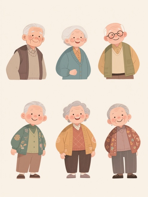 6个不同配色、不同样式、不同风格的老人造型，包括实物风格和手绘风格，以浅色为背景，呈上下两行对齐排列，人物姿态自然生动，表情亲切，服装细节丰富，整体画面构图均衡，视觉清晰，符合老年人形象的温馨与活力感。预览效果