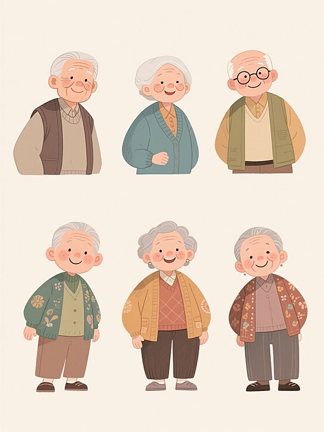 6个不同配色、不同样式、不同风格的老人造型，包括实物风格和手绘风格，以浅色为背景，呈上下两行对齐排列，人物姿态自然生动，表情亲切，服装细节丰富，整体画面构图均衡，视觉清晰，符合老年人形象的温馨与活力感。