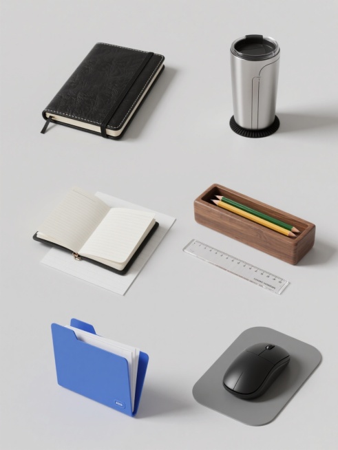6个完全不同的办公元素系列素材集合，每个元素均采用超写实摄影风格，纯色背景，高清晰细节，柔和均匀的正面光源，无阴影或轻微投影，物体居中排布且大小一致，元素包括：1. 黑色皮质笔记本，封皮有细腻纹理，金属活页夹，打开状态露出内页横线；2. 银色金属保温杯，带黑色硅胶防滑底，杯身有简约线条装饰；3. 木质铅笔盒，表面有自然木纹，内置3支不同颜色的HB铅笔，盒盖微微开启；4. 透明亚克力直尺，刻度清……预览效果