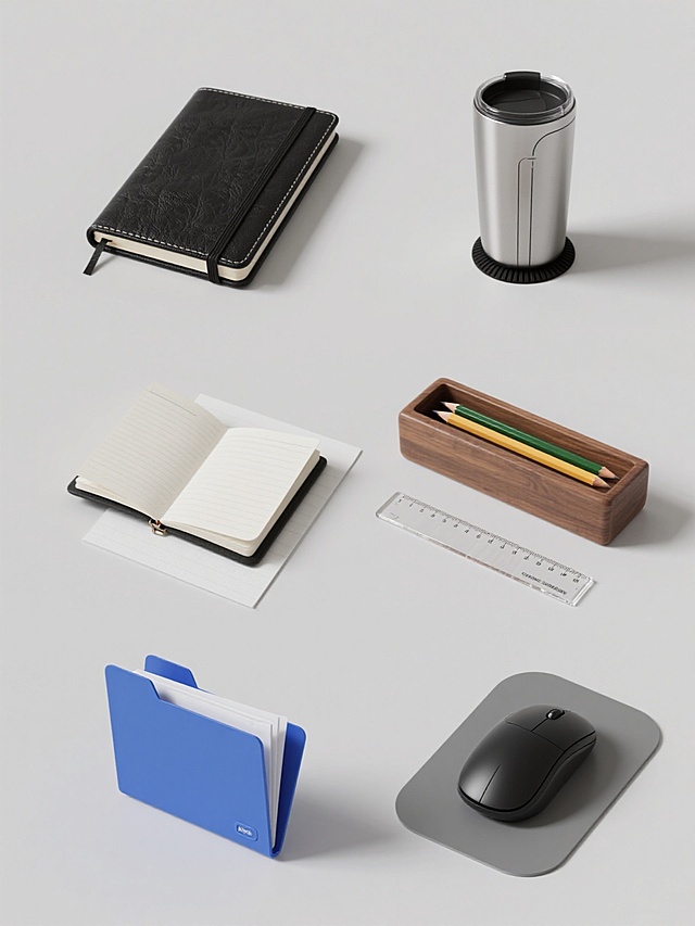 6个完全不同的办公元素系列素材集合，每个元素均采用超写实摄影风格，纯色背景，高清晰细节，柔和均匀的正面光源，无阴影或轻微投影，物体居中排布且大小一致，元素包括：1. 黑色皮质笔记本，封皮有细腻纹理，金属活页夹，打开状态露出内页横线；2. 银色金属保温杯，带黑色硅胶防滑底，杯身有简约线条装饰；3. 木质铅笔盒，表面有自然木纹，内置3支不同颜色的HB铅笔，盒盖微微开启；4. 透明亚克力直尺，刻度清晰，边缘光滑，放置在白色便签纸上；5. 蓝色塑料文件夹，夹着几张A4纸，文件夹侧面有标签插槽；6. 黑色无线鼠标，流线型设计，表面哑光处理，放置在灰色鼠标垫一角。所有元素保持统一的视觉风格和尺寸，规整排列成2行3列的网格布局。