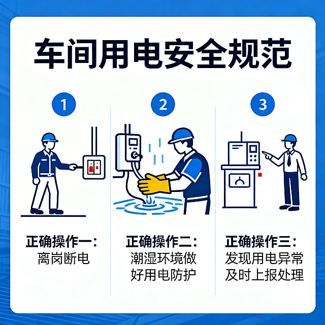 一张车间用电安全规范宣传图，清晰展示三种正确操作：离岗断电、潮湿环境做好用电防护、发现用电异常及时上报处理，风格简洁明了，图文清晰，适合插入PPT使用