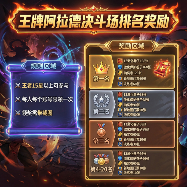 王牌阿拉德决斗场排名奖励规则：王者15星以上 规则：每人限制一人一次 一个账号 领奖带截图第一名：奖励13激化卷子168张，激化保护卷子168，抽奖卷120，新地图门票，60.洗练卷60第二名预览效果