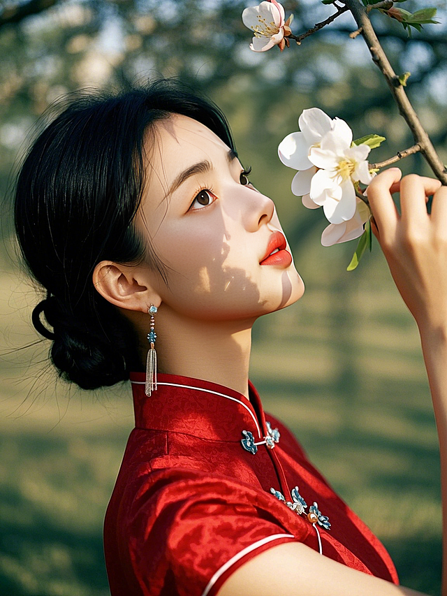 一个女生，艺术照，红色旗袍，杏色背景，新中式