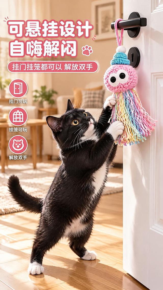 电商详情图，9:16竖版。画面主体：粉色毛线章鱼玩具（严格参考产品图：粉色毛线编织头部、大眼睛、蓝色小针织帽带白色绒球、彩虹色流苏须须、顶部粉色挂绳）通过顶部挂绳悬挂在白色房门的门把手上，自然垂落。一只黑白奶牛猫（胸口白色、四爪白色白手套、下巴白色，参考提供的奶牛猫照片特征）站立起来，两只前爪抬起拨拉抓挠悬挂的玩具，身体微微后仰，眼神专注兴奋，呈现自嗨玩耍的动态瞬间。场景：居家室内门口场景，白色房门，浅色木地板，背景隐约可见客厅家具，柔和自然光，温馨真实的居家氛围。文字：左侧竖排或顶部白色粗体大字"可悬挂设计 自嗨解闷"，下方小字"挂门挂笼都可以 解放双手"。宠物生活摄影风格，高清细腻，暖色调，专业电商质感。