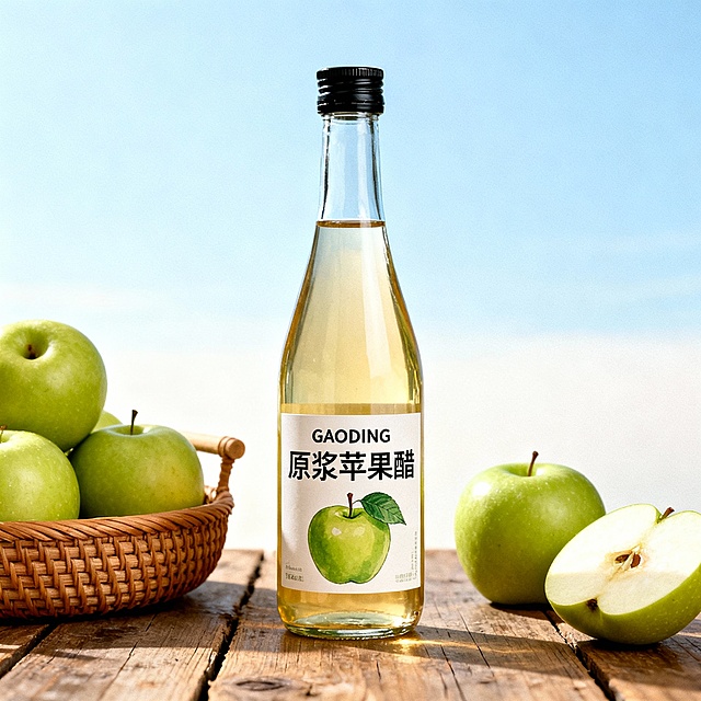 产品摄影风格，一瓶原浆苹果醋透明玻璃瓶置于乡村风木质桌面上，瓶身标签清晰显示logo"GAODING"和 “原浆苹果醋”字样和带叶子的青苹果插图，瓶盖为黑色，左侧放着一个装满新鲜青苹果的编织篮，右后侧摆放这一个完整的青苹果，右前侧点缀切开一半的青苹果与。背景是浅蓝色渐变天空，整体画面采用柔和的自然光，营造清新自然、健康有机的氛围，浅景深突出主体，色调明亮温暖，带有轻微的胶片感。