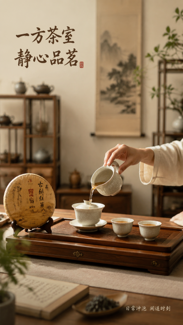 [第5屏] 本屏为禅意冲泡场景，展示日常静心冲泡品茶的生活场景。[氛围/风格] 新中式茶室氛围，静谧闲适，生活感氛围感拉满。[元素布局] 茶饼放置在茶盘一侧，盖碗、品茗杯摆放整齐，流淌的茶汤形成动态画预览效果