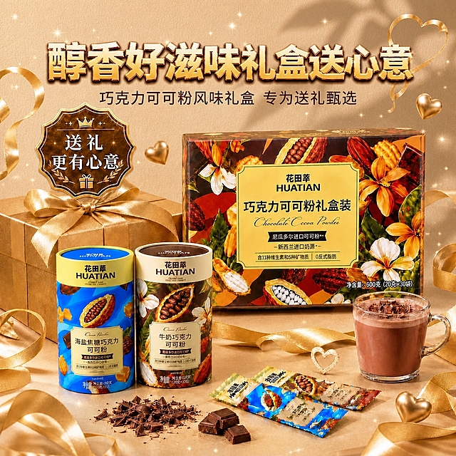 将第一张图的背景替换为第二张图的暖米色墙面+树叶阴影背景，保留第一张图中所有的产品、文字、金色礼盒、丝带、爱心、星光等前景元素不变，前景元素的位置、大小、颜色、光影均保持原样，仅替换背景，整体光影自然融合，商业电商海报质感