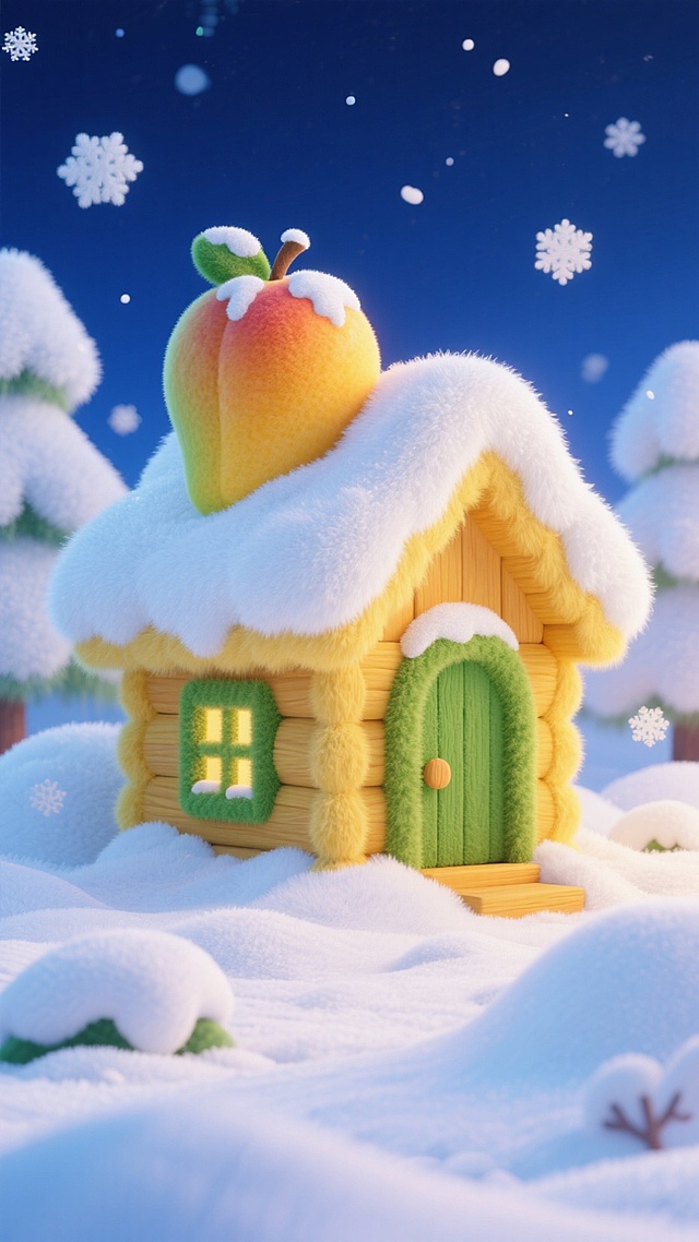 画面中心是暖黄色的小木屋（绿色门和窗），屋顶覆盖白雪，房顶上有一个巨大的被雪覆盖的芒果，黑夜的天空，周边飘着白色雪花，地面有积雪