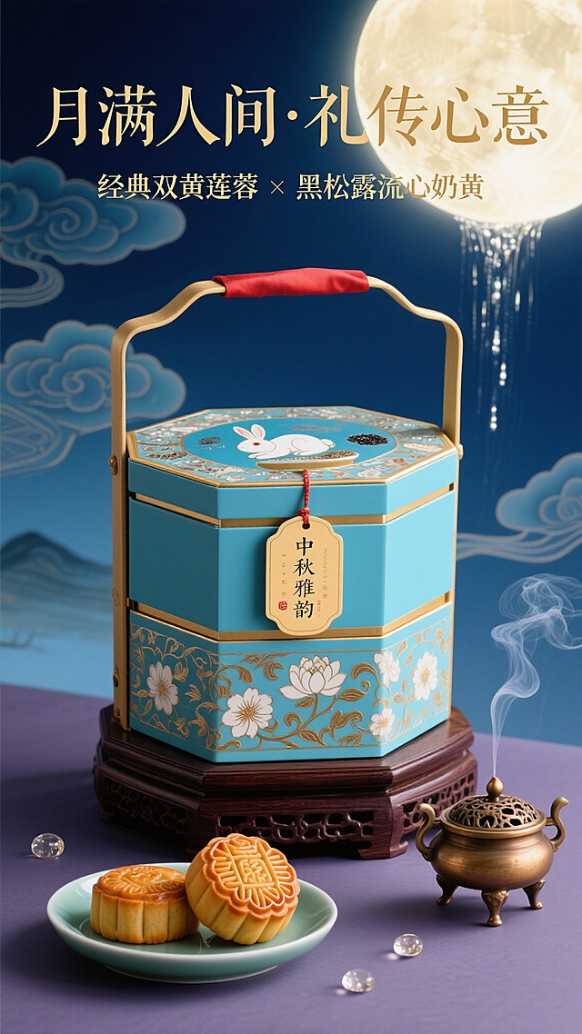 竖版构图，中秋高端礼盒主视觉海报，整体采用霁蓝与鎏金渐变色调，背景为流动的祥云托举着一轮满月的工笔意境，月光如水银倾泻而下。画面中央是双层六角形提篮礼盒，上层以螺钿工艺镶嵌玉兔捣药图案，下层浮雕缠枝莲纹，礼盒正面悬挂着写有"中秋雅韵"的洒金红绸吊牌，礼盒置于雕花紫檀木座上，木座旁散落着几颗晶莹的露珠。前景为青瓷碟中摆放的广式莲蓉月饼、苏式鲜肉月饼和一盏燃着檀香的三足铜炉，月饼酥皮层次分明，铜炉青烟袅袅上升与背景云气融为一体。海报上方主标题"月满人间·礼传心意"采用瘦金体书写，副标题"经典双黄莲蓉 × 黑松露流心奶黄"以烫金小楷呈现，整体通过冷金色勾勒轮廓，在深邃的霁蓝背景中形成尊贵典雅的视觉焦点，传递出匠心手作、礼赠臻品的中秋文化底蕴。