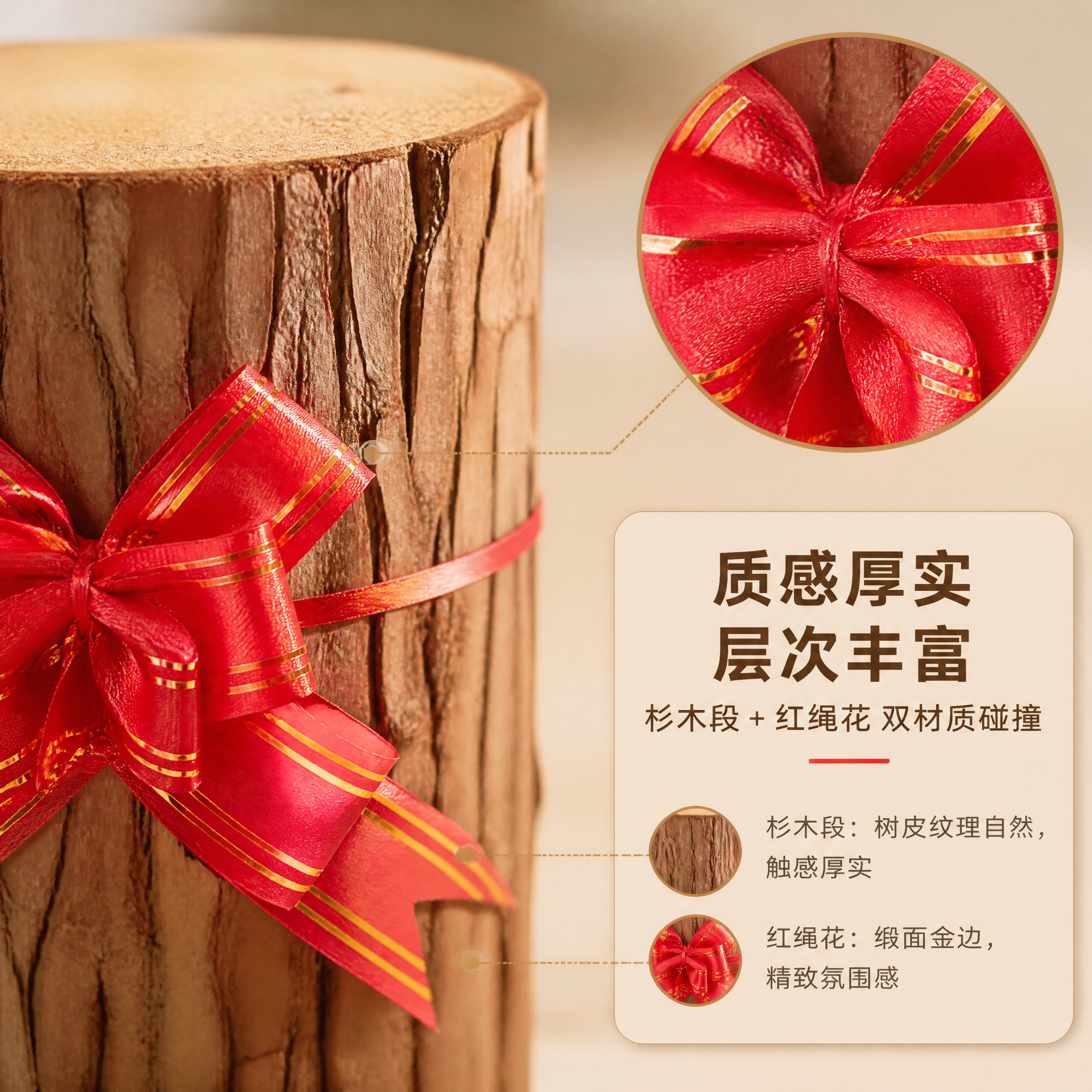 [商品] 使用【图3】杉墩木段红绳花摆件特写；保留杉木树皮纵向… - 图片创意预览