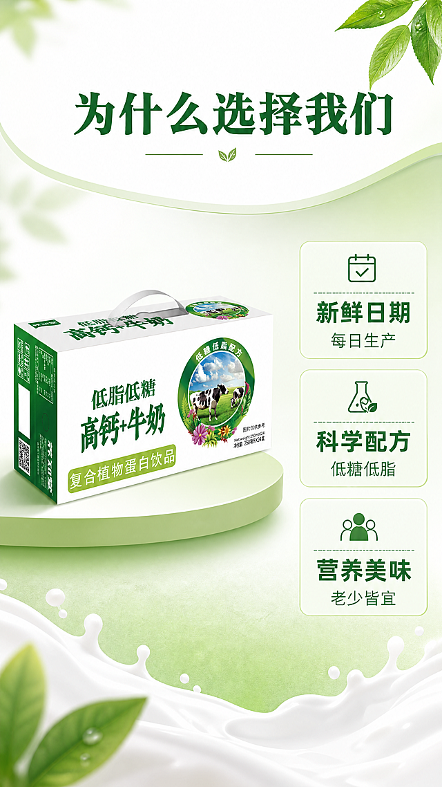 [第2屏] 核心卖点展示-高钙+牛奶三大优势。浅绿白背景，保持风格统一。本屏使用【图1】商品包装放画面左侧占比45%，保持包装不变。右侧分三块展示：新鲜日期每日生产、科学配方低糖低脂、营养美味老少皆宜，每个卖点配浅绿底块。顶部标题「为什么选择我们」深绿居中。9:16，4K，负向提示词：包装变形,文字错乱。