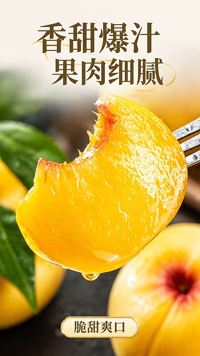 [第3屏] 口感质地特写，黄油蟠桃果肉爆汁质感展示。本屏使用【图3】作为果肉细节主体。
[氛围/风格] 微距食欲感，商业食品摄影，突出果肉水润香甜的诱人质感。
[元素布局] 叉子上的咬过果肉放置在画面中心，占比约65%，果肉汁水欲滴，保留果肉颜色、纹理与输入图片一致，背景虚化搭配完整黄油蟠桃和绿色叶片点缀，前景突出果肉细节，层次清晰。
[光影质感] 侧光拍摄，凸显果肉水润通透质感，汁水高光清晰，明暗对比强烈，突出食欲感。
[配色色系] 全局底色 #F8F4E9，主色为果肉金黄，辅助色为深灰色背景和绿色叶片。
[视角构图] 微距特写，主体果肉清晰锐利，背景虚化。
[文字版式] 顶部主标题「香甜爆汁 果肉细腻」，底部小标签「脆甜爽口」，字体风格和颜色与首屏保持一致，文字不遮挡果肉主体。
[比例分辨率] 9:16 竖版比例，4K分辨率，文字清晰可辨，高清画质。
[负向提示词] 果肉变形，颜色偏色，文字模糊，水印，背景杂乱