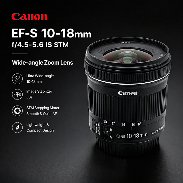 Canon EF-S 10-18mm wide-angle zoom lens, placed on a clean minimalist photography studio dark background, highlight the lens brand and model with English selling point text "Canon EF-S 10-18mm f/4.5-5.6 IS STM Wide-angle Zoom Lens", professional product photography for e-commerce main image, high contrast, highlight product details, high conversion rate design, clear focus on the lens