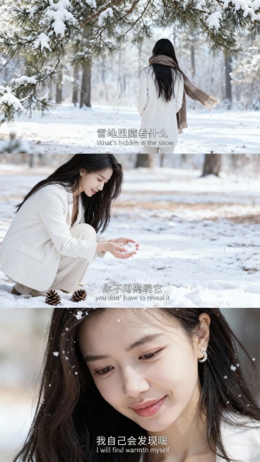三宫格艺术感写真图，横向三宫格，场景为冬日落雪森林，色调呈冷白与浅棕渐变，地面铺薄雪，松枝挂雪，散落松果。画面主体为穿米色毛呢大衣的参考图少女，突出冬日森系氛围感。
近景：少女背影站在松树下，盯地面积预览效果