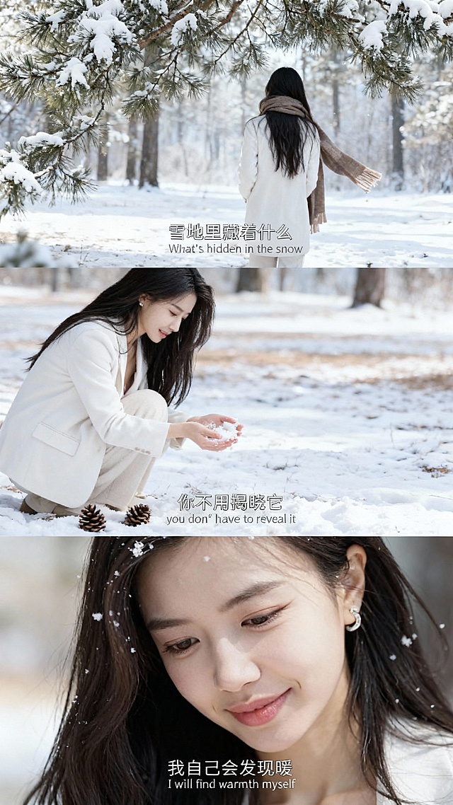 三宫格艺术感写真图，横向三宫格，场景为冬日落雪森林，色调呈冷白与浅棕渐变，地面铺薄雪，松枝挂雪，散落松果。画面主体为穿米色毛呢大衣的参考图少女，突出冬日森系氛围感。
近景：少女背影站在松树下，盯地面积雪，围巾随风飘，字幕 “雪地里藏着什么”“ What's hidden in the snow”；
中景：少女侧身蹲坐，手捧积雪，指尖沾雪，旁有松果，字幕 “你不用揭晓它”“you don't have to reveal it”；
特写：少女低头，雪花落在发梢，眼神温柔，字幕 “我自己会发现暖”“I will find warmth myself”；
整体色调清冷治愈，营造冬日森林探索的静谧情绪，字幕底部居中。