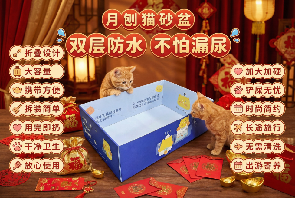 这张图片是产品主体这款产品是一次性猫砂盆 产品主体颜色不改变 我需要设计20张主图在拼多多上面售卖   主图场景布局设计用过年喜庆 小猫等 等背景元素 整体色调喜庆一些，可爱 显得高级一些  主图文案预览效果