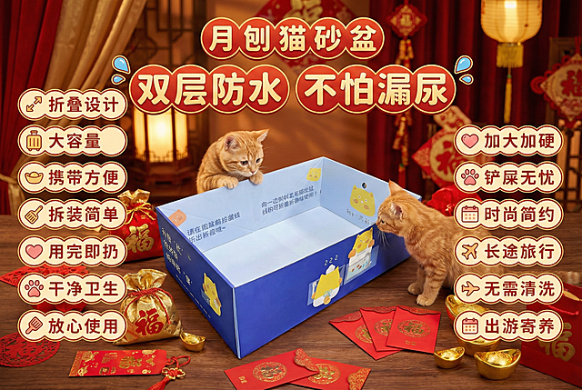 这张图片是产品主体这款产品是一次性猫砂盆 产品主体颜色不改变 我需要设计20张主图在拼多多上面售卖   主图场景布局设计用过年喜庆 小猫等 等背景元素 整体色调喜庆一些，可爱 显得高级一些  主图文案内容 月刨猫砂盆 折叠设计 大容量 携带方便 拆装简单 用完即扔  干净卫生  放心使用 双层防水 不怕漏尿  出游方便 月月换新 不用清洗 加大加硬 铲屎无忧 时尚简约 过节回家 长途旅行 无需清洗 出游寄养