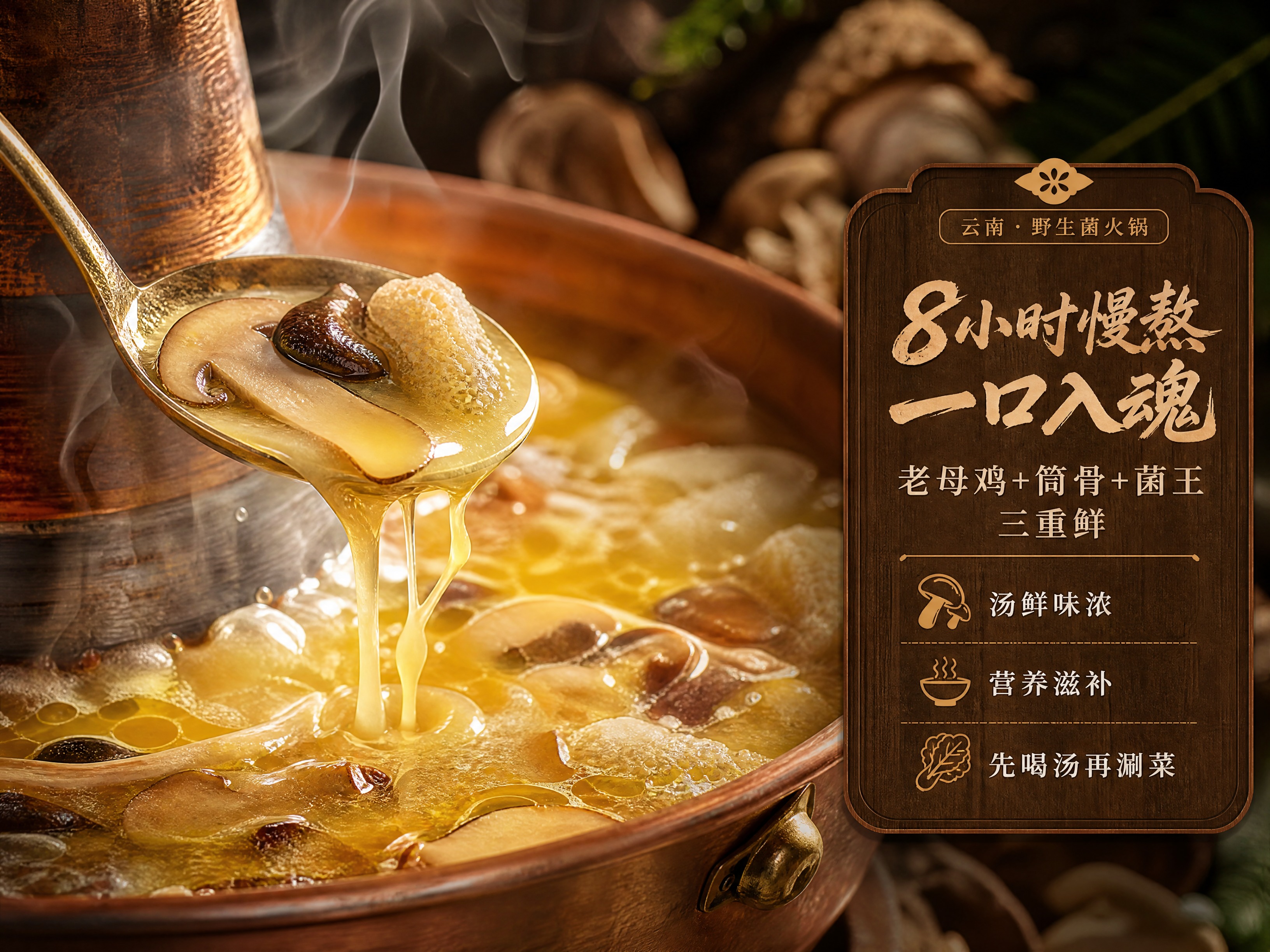 [商品] 季山菌野生菌火锅汤底特写，铜锅内金黄奶白色的菌汤正在… - 图片创意预览
