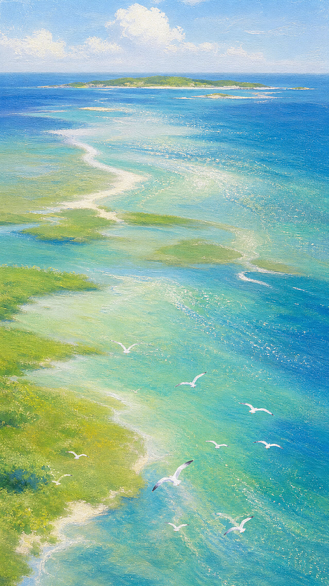 参考图的油画质感夏日海滨风景风格，重新生成类似的背景画面：俯视视角的夏日海岸，渐变蓝绿色的海水与浅绿色滩涂湿地交错，远处有低矮的绿色岛屿和蓝天，海面上飞翔着白色海鸥，整体是柔和的油画笔触质感，清新治愈的夏日氛围，画面中不要任何文字、标题、日期、印章等文字元素