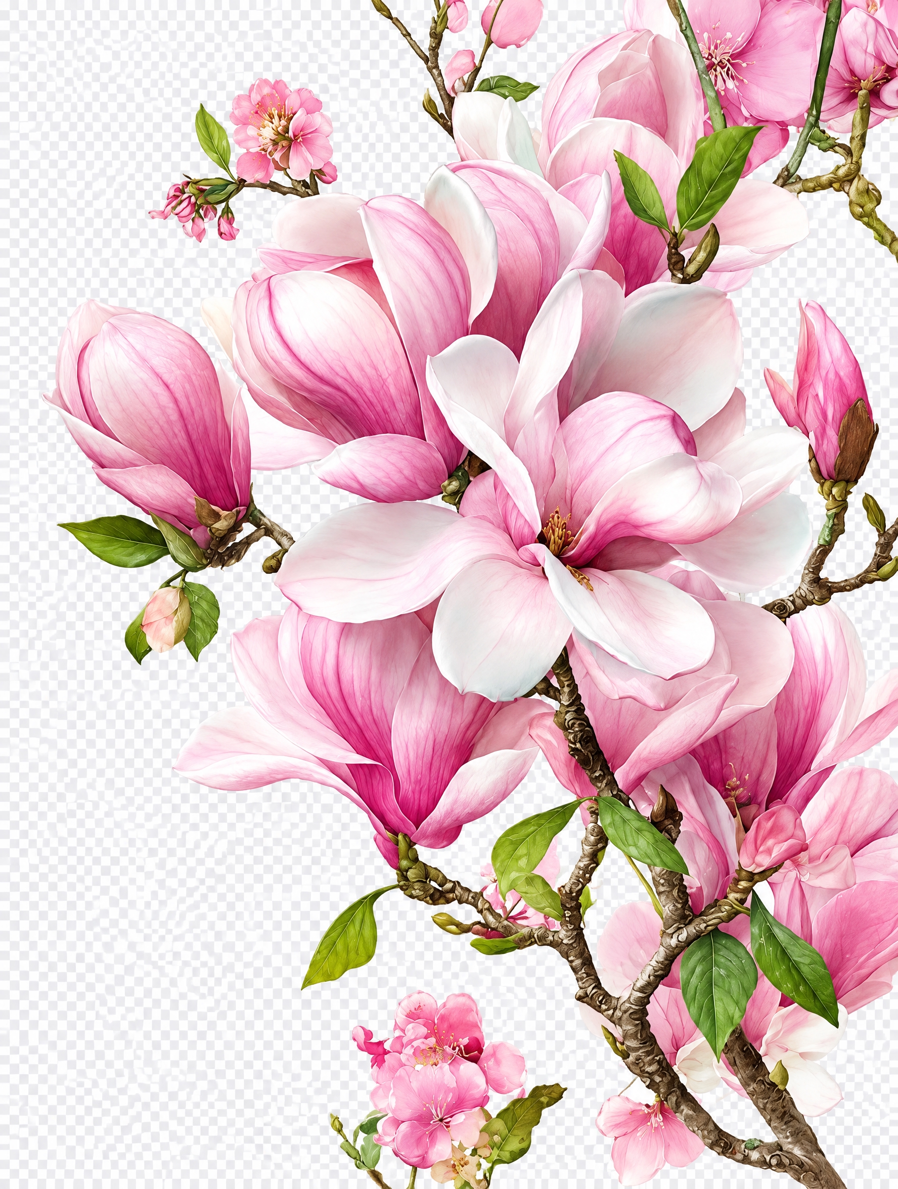 对图中的粉色玉兰花和花枝进行高精度抠图，去除白色背景和GUCC… - 图片创意预览