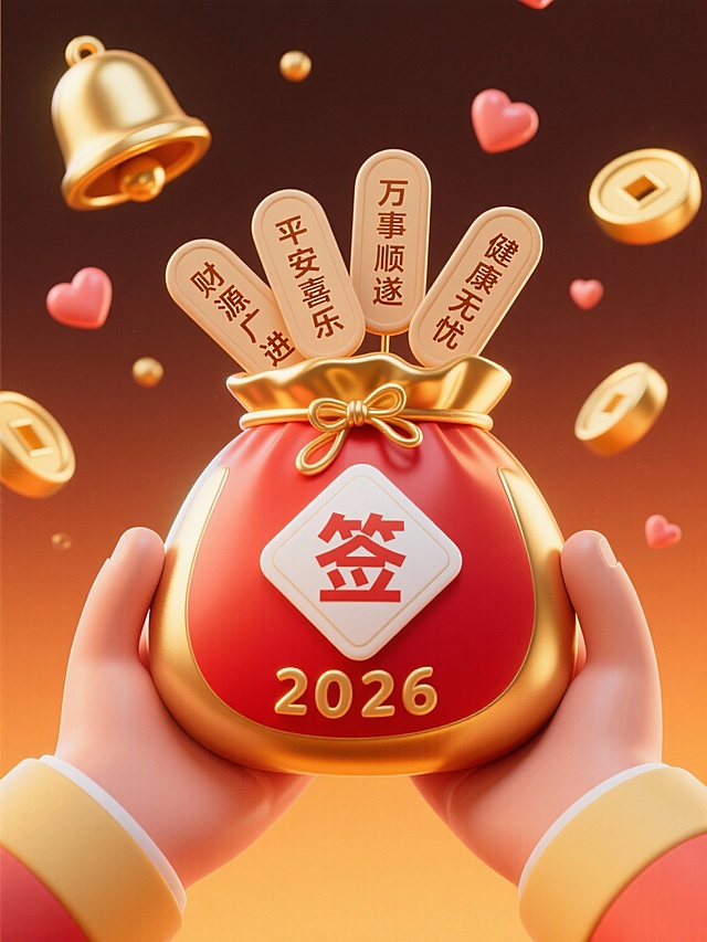 一双手捧着鎏金福袋（印红色立体 “2026”，中间贴白色菱形 “签” 字）；福袋内里插着 4 个浅棕色长椭圆形签，签面印有 “平安喜乐”“万事顺遂”“财源广进”“健康无忧”；背景散落金色铃铛、小爱心，金橙色渐变背景，静态展示。