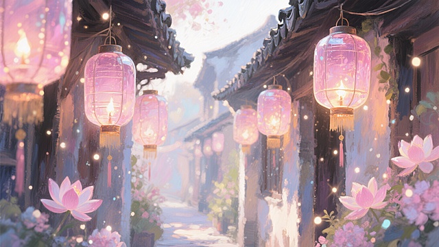 老街屋檐下挂满琉璃宫灯，灯芯是静静燃烧的粉色琉璃莲，灯光漫过整条花巷，梦幻发光的厚涂插画风格