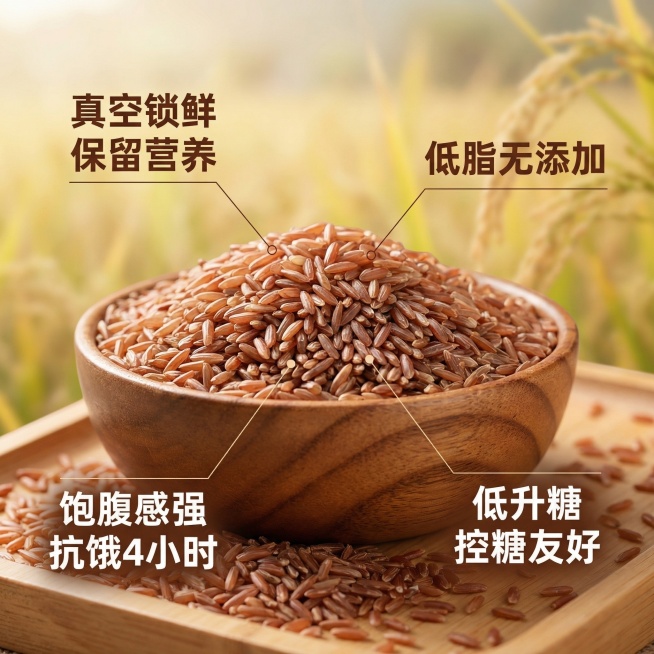 红胚芽糙米卖点图，风格统一。中间为糙米颗粒特写，用细引线分别指向标注“真空锁鲜保留营养”“低脂无添加”“饱腹感强 抗饿4小时”“低升糖 控糖友好”四个卖点，背景为浅米色稻田远景，光影柔和。文案悬浮于对预览效果