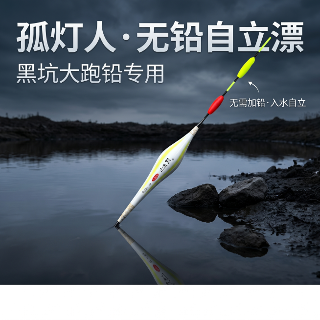 孤灯人无铅自立漂，使用参考图里的产品，漂身斜45°立于黑坑水边，水面有漂的倒影，傍晚阴天硬光，光线硬朗，漂身"孤灯人"LOGO清晰可见，画面底部留白1/5。文案：主标"孤灯人 · 无铅自立漂"，副标"预览效果