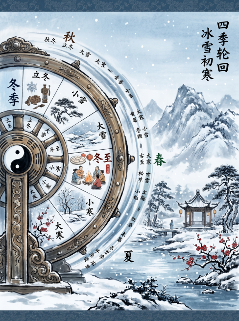左侧轮盘位置展示冬季，水墨画卷风格，整体色调为冬蓝，融入二十四节气轮盘意象，突出四季轮回主题，凝练冬季节气核心文化符号预览效果