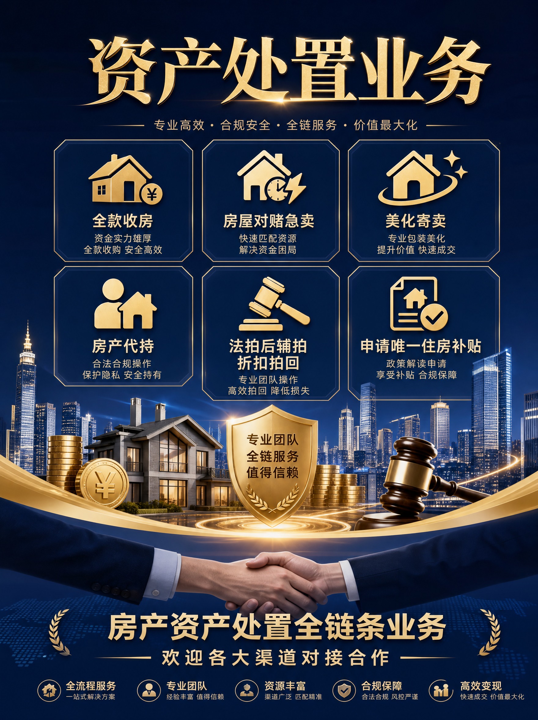 房产资产处置全链条业务宣传海报，专业全面的商务风格，深蓝色与金… - 图片创意预览