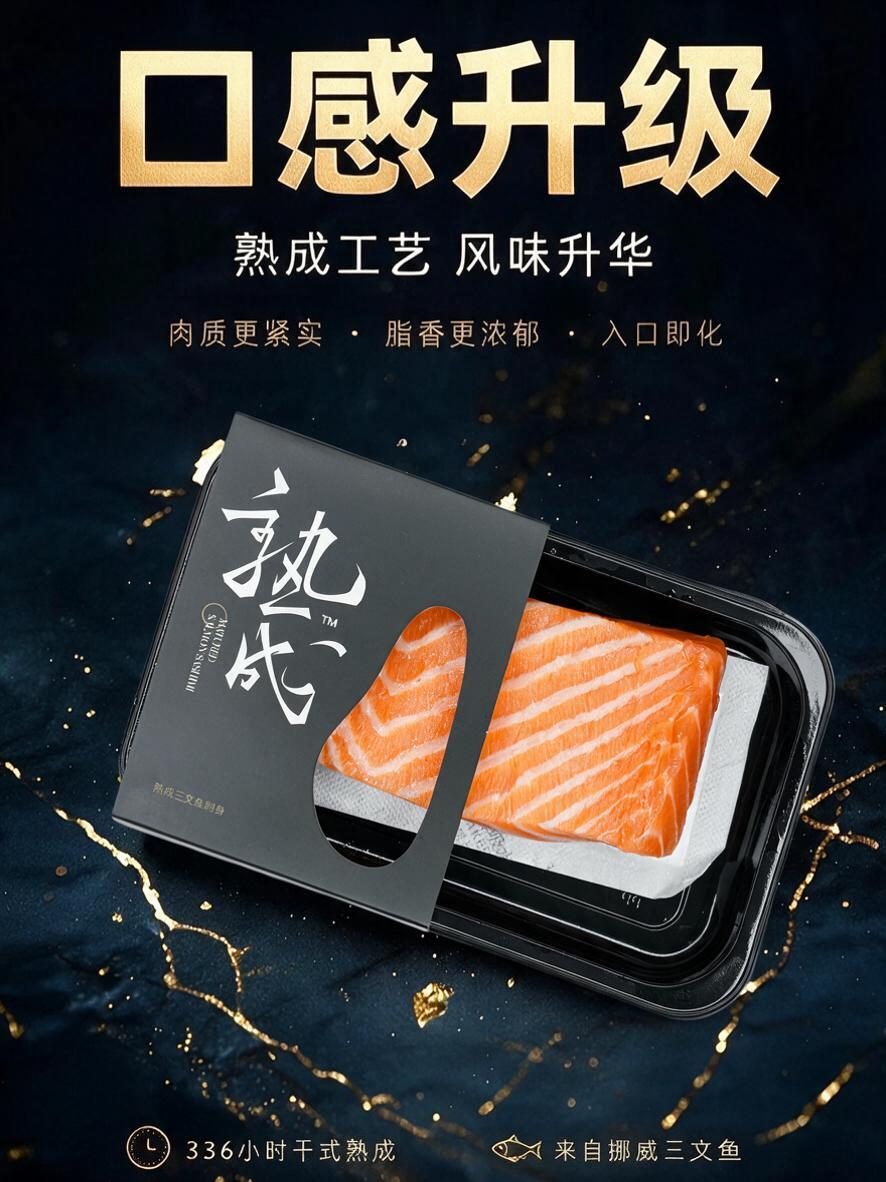 优化三文鱼产品照片与背景的融合度，让产品更自然地融入画面中，其… - 图片创意预览