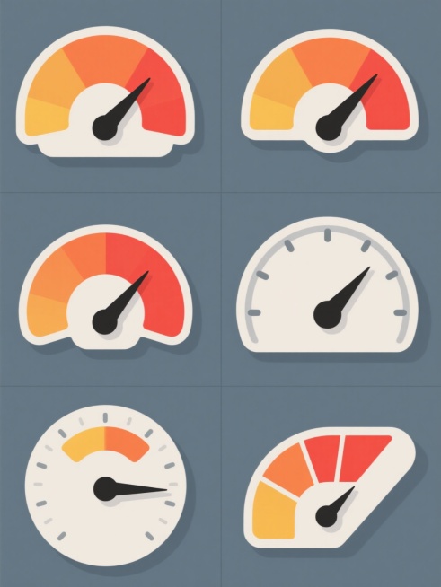 一组由6个完全不同造型的速度元素组成的系列素材集合，每个元素均采用简洁现代的扁平化设计风格，以红、橙、黄渐变扇形为主要视觉符号，搭配黑色指针和灰色刻度线，保持一致的色彩体系与极简几何美学，整体呈规整网格排布在纯色背景上，构图均衡，信息传达直观高效，适合作为动态或速度相关主题的系列图标使用。预览效果