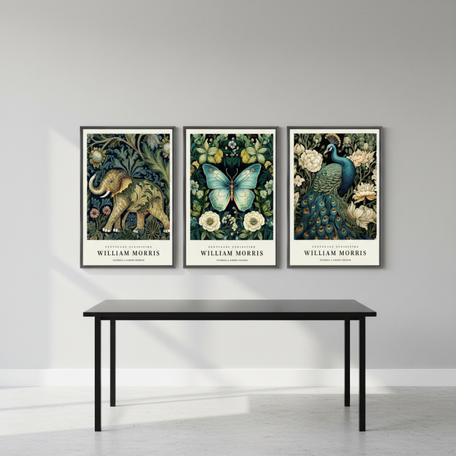 这是一套3联装饰画，不用做抠图处理，不改变装饰画的宽高比，装饰画框架颜色保持不变，这款商品在美国市场销售。主要用户群体是时尚男性或女性，帮我生成4张场景图，分别悬挂在美式黑色卧室床头上方、黑色洽谈桌旁预览效果