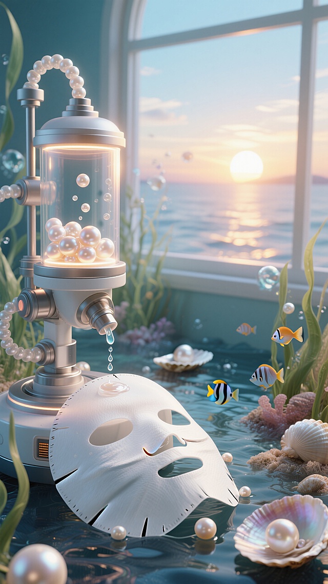 特写梦幻实验机器正在提取珍珠元素滴灌一片Q弹的淡白色面膜的环节；周围是珍珠贝壳，融合海洋生态风景；窗外是和煦明媚的日出，整体明亮氛围。