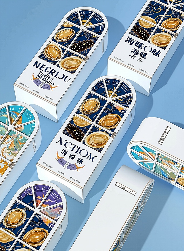 帮这个盒子改成装海味的生产，盒子结构形式不变，只改盒子正面图案，改成海味的内容图案，