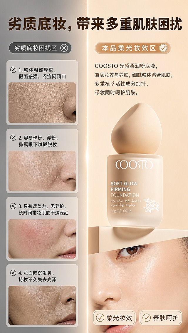 [商品] 使用【图1】COOSTO 光感柔润粉底液，保留磨砂玻璃瓶身、水滴形粉扑盖、COOSTO Logo、产品颜色和结构；产品处理：增强瓶身质感，不改变外观。
[画面] 底妆痛点对比页，目标突出劣质底妆问题与本品优势；左右分栏对比布局，左侧占45%为「劣质底妆困扰区」，用灰调暗沉背景，搭配粗糙粉体、卡粉斑驳、闷痘泛红、暗沉发黄4组问题小图标/示意图；右侧占55%为「本品柔光妆效区」，用暖亮裸杏背景，放置产品瓶身+柔光奶油肌妆效示意（光滑透亮肌肤质感）；中间用渐变分割线过渡；顶部大标题横跨两侧。
[视觉] 套系策略：风格=高级美妆商业摄影，柔光奶油质感；标题字=现代无衬线粗体（思源黑体Heavy）；正文字=简洁无衬线体（思源黑体Regular）；主色=裸杏色/奶茶色；背景延展=左侧灰调暗沉对比色、右侧裸杏色渐变、同色几何块面、细腻磨砂质感；强调色=玫瑰金/暖金色，仅用于小面积图标、引线、标签描边和高光；标题色=深棕咖色；正文色=中暖棕色；组件=圆角信息卡、对勾/叉号图标、细线引线；光影=左前侧暖柔光，右侧更明亮突出优势。
[文字] 顶部大标题：劣质底妆，带来多重肌肤困扰；左侧4条痛点（配叉号图标）：1.粉体粗糙厚重，假面感强，闷痘闷闭口 2.容易卡粉、浮粉，鼻翼眼下斑驳脱妆 3.只有遮盖力，无养护，长时间带妆肌肤干燥泛红 4.妆面暗沉发黄，持妆不久失去光泽；右侧过渡文案：COOSTO 光感柔润粉底液，兼顾妆效与养肤，细腻粉体贴合肌肤，多重植萃活性成分加持，带妆同时呵护肌肤；右侧底部配对勾标签：柔光妆效 + 养肤呵护；文字横向排版，手机端清晰可读。
[规格] 图片比例9:16竖版，4K分辨率，避免变形、错字、文字过小、医疗功效承诺、绝对化用语、产品结构失真。