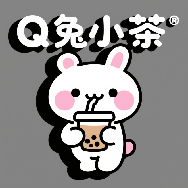Q版卡通风logo，一只圆润化卡通变形的兔子，手持奶茶，粉白配色，“兔小茶”圆润艺术字体预览效果