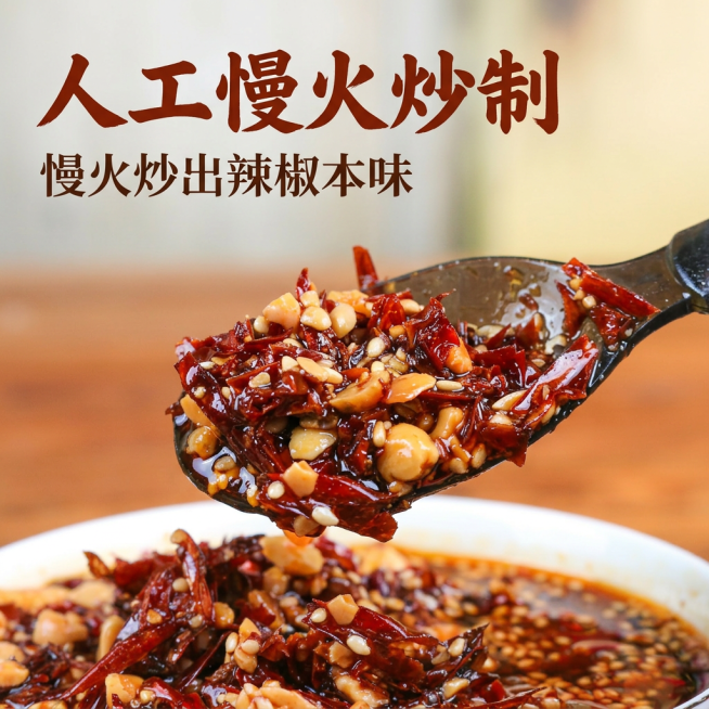 [主图-3] 功夫辣丝酱工艺细节特写主图，展示制作工艺。
[氛围风格] 传统手工工艺氛围感，质感朴实
[画质] 微距特写摄影，极致细节展现，纹理清晰，质感真实
[元素] 特写镜头放大辣椒酱内部，勺子舀预览效果