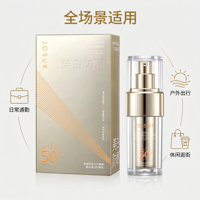 [主图 6] 全场景适用防晒乳展示。[氛围风格] 简约科技感，清爽干净；[画质] 商业摄影质感，画面清晰高级。[元素] 产品居中放置，四周用简约线条勾勒出三个小图标，分别对应通勤、户外、日常，图标线条预览效果