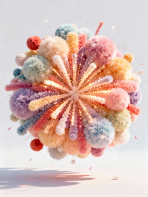 一张充满节日氛围的海报，主体是由蓬松柔软的毛绒烟花绒球材质构成的绚烂烟花图案，绒球质感细腻，色彩丰富且过渡自然，仿佛轻轻一碰就会掉落柔软的绒毛。烟花以中心放射状炸开，绒球大小不一、层层叠叠，营造出蓬松立体的视觉效果。整体色调明快鲜亮，光影柔和，高光处绒球泛着温暖光泽，阴影部分则增添了层次感。背景简洁干净，突出毛绒烟花绒球的独特材质和梦幻美感，设计感十足，能迅速抓住观者眼球，符合节日庆典的欢快氛……预览效果