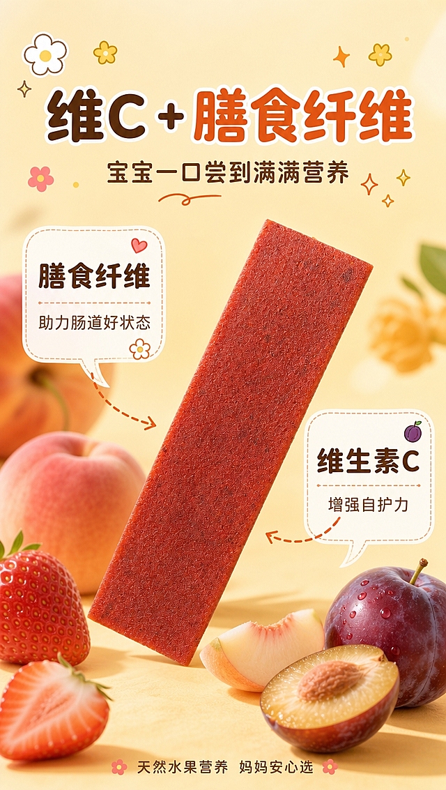 [商品] 使用【图3】中红色水果条主体，保留水果条长条形形态、红色果肉质感、细腻纹理；同时参考画面中的水蜜桃、草莓、西梅等水果元素，保留水果真实形态和自然色泽。
[画面] 目标：营养卖点页，突出维C+膳食纤维双重营养。构图：中心产品+左右对话气泡型，画面中心是一根斜放的红色水果条（占画面35%），左右两侧各有一个可爱对话气泡指向水果条。主体：中心水果条45度斜立，质感细腻真实，表面有自然果肉纹理。前景：底部散落草莓、西梅、水蜜桃切片，新鲜水润。中景：中心水果条+左右对话气泡+周围水果。后景：暖黄色渐变背景，上方有可爱小花和星星装饰，营造活泼婴童氛围。阅读动线：从上到下，先看标题，再看中心水果条，最后看左右营养气泡。
[视觉] 套系策略：风格=温馨治愈婴童食品商业摄影风，真实食材+可爱插画元素结合；标题字=圆润可爱粗圆体，略带手写感；正文字=简洁圆润无衬线体；主色=暖米黄+浅橙黄；背景延展=基于暖米黄做深浅渐变、同色系柔和光斑、细腻纸张质感；强调色=西梅紫+草莓红，仅用于小面积图标、引线、标签和装饰元素；标题色=深棕褐色；正文色=中暖褐色；组件=圆角浅底信息卡、虚线引线、可爱小花/星星装饰图标；光影=左前侧暖柔光，整体明亮柔和，水果条表面有自然光泽，水果切片水润新鲜。
[文字] 顶部居中主标题："维C + 膳食纤维"（7字，圆润粗圆体，深棕褐色，字号大，"维C"和"膳食纤维"用不同颜色区分）；主标题下方副标题："宝宝一口尝到满满营养"（10字，中号字，中暖褐色）；左侧对话气泡（白色圆角）："膳食纤维"（5字，深棕褐色粗体）+ 小字"助力肠道好状态"；右侧对话气泡（白色圆角）："维生素C"（5字，深棕褐色粗体）+ 小字"增强自护力"；底部小字："天然水果营养 妈妈安心选"。所有文字横排，气泡不遮挡中心水果条主体。
[规格] 图片比例9:16竖版，4K分辨率，quality=medium。负向提示：避免变形、错字、文字过小、冷蓝/蓝灰背景、水果条颜色改变、医疗化营养承诺、绝对化用语。