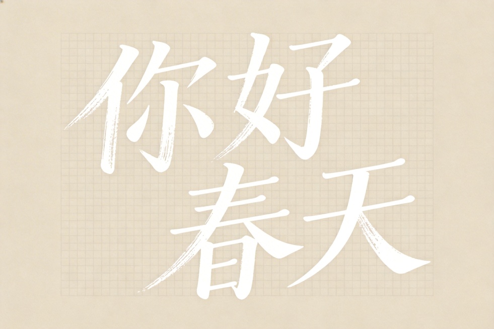 平面艺术字体设计，四个字"你好春天"，手绘轻书法体风格。整体笔画纤细轻盈，带有枯笔飞白与手绘毛边，纯平涂质感，字体填充白色，无描边，无阴影。打破汉字方正比例，采用错落式解构设计：笔画做自然错落拉伸，形预览效果