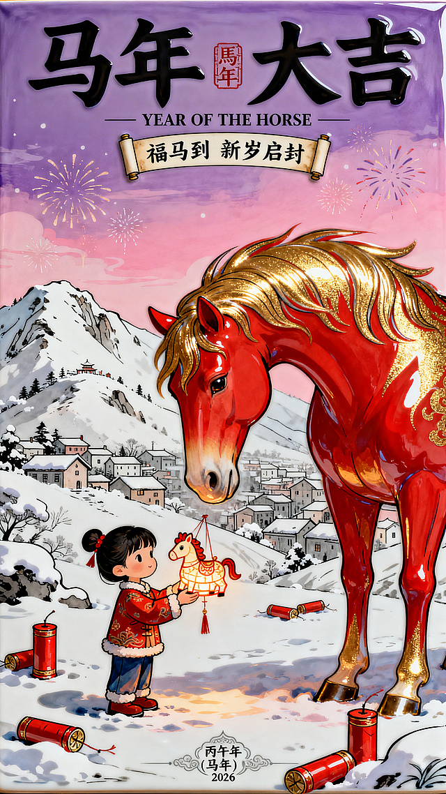 一匹巨大的红色神马（占据画面右侧大半部分，马身散发着神圣的金色光辉，马头低下、鬃毛飘逸）眼神温和地注视着左下角可爱的小女孩（春节喜庆的着装，双手虔诚地捧着一个小马造型的花灯递给马）。背景为积雪覆盖的冬日山顶和小镇，地面散落着若干红色的鞭炮筒，远处是梦幻的粉紫色渐变天空、烟花，动态感，互动感，极致的大小对比。顶部文案组合设计（极具设计感的艺术字大标题“马年 大吉”中间穿插英文“YEAR OF THE HORSE”，旁边装饰印章“馬年”，下面卷轴文本框的正文“福马到 新岁启封”），底部有设计感的小巧的装饰文案“丙午年（马年）2026"，潮流个性的排版
