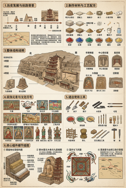 A3大小的甘肃敦煌莫高窟信息可视化流程图展板，复古精致，信息密度高，色彩采用壁画常见的朱红、石青、石绿、赭石、土黄、金色以及洞窟氧化后的暗褐色调，包含六个核心板块：1.历史发展与丝路背景说明：标注莫高预览效果