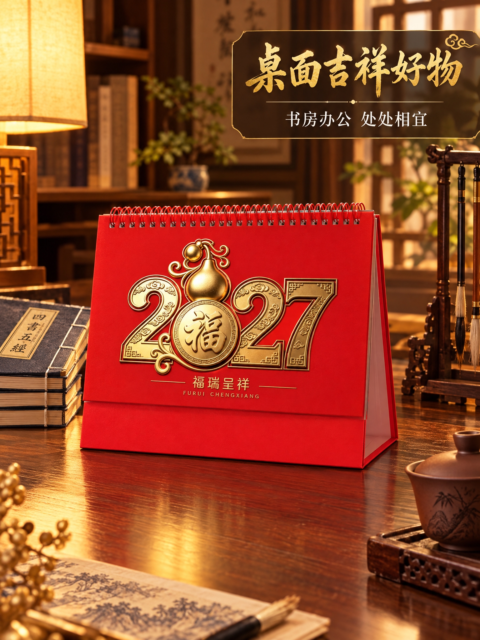[商品] 使用福瑞呈祥葫芦款台历；保留红色封面、金色浮雕葫芦福… - 图片创意预览