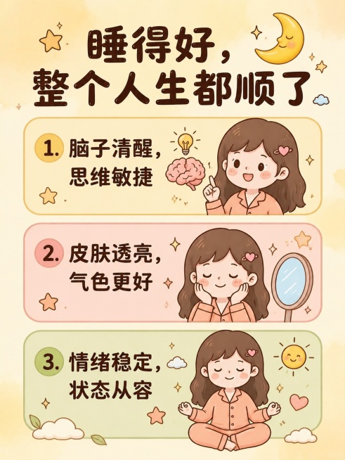 小红书生活干货图文内页，延续参考图可爱卡通插画风，浅暖黄渐变背景，分区展示睡好觉的好处标题为「睡得好，整个人生都顺了」，分三个分区，分别写：1.脑子清醒，思维敏捷 2.皮肤透亮，气色更好 3.情绪稳定预览效果