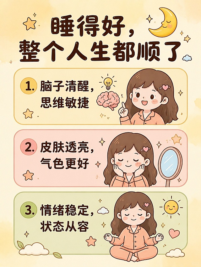 小红书生活干货图文内页，延续参考图可爱卡通插画风，浅暖黄渐变背景，分区展示睡好觉的好处标题为「睡得好，整个人生都顺了」，分三个分区，分别写：1.脑子清醒，思维敏捷 2.皮肤透亮，气色更好 3.情绪稳定，状态从容，每个分区搭配对应可爱简笔画，字体风格、色块版式与参考图保持一致，整体风格治愈可爱，画面比例3:4，4K，和上传参考图排版风格一致。