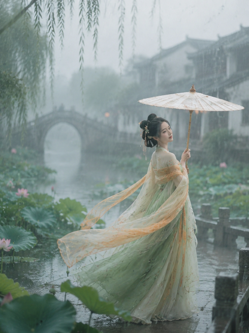 一位身穿汉服的女子漫步在江南水乡，江南烟雨中，荷塘意境优美，古风写意，国风美学，雾气朦胧预览效果
